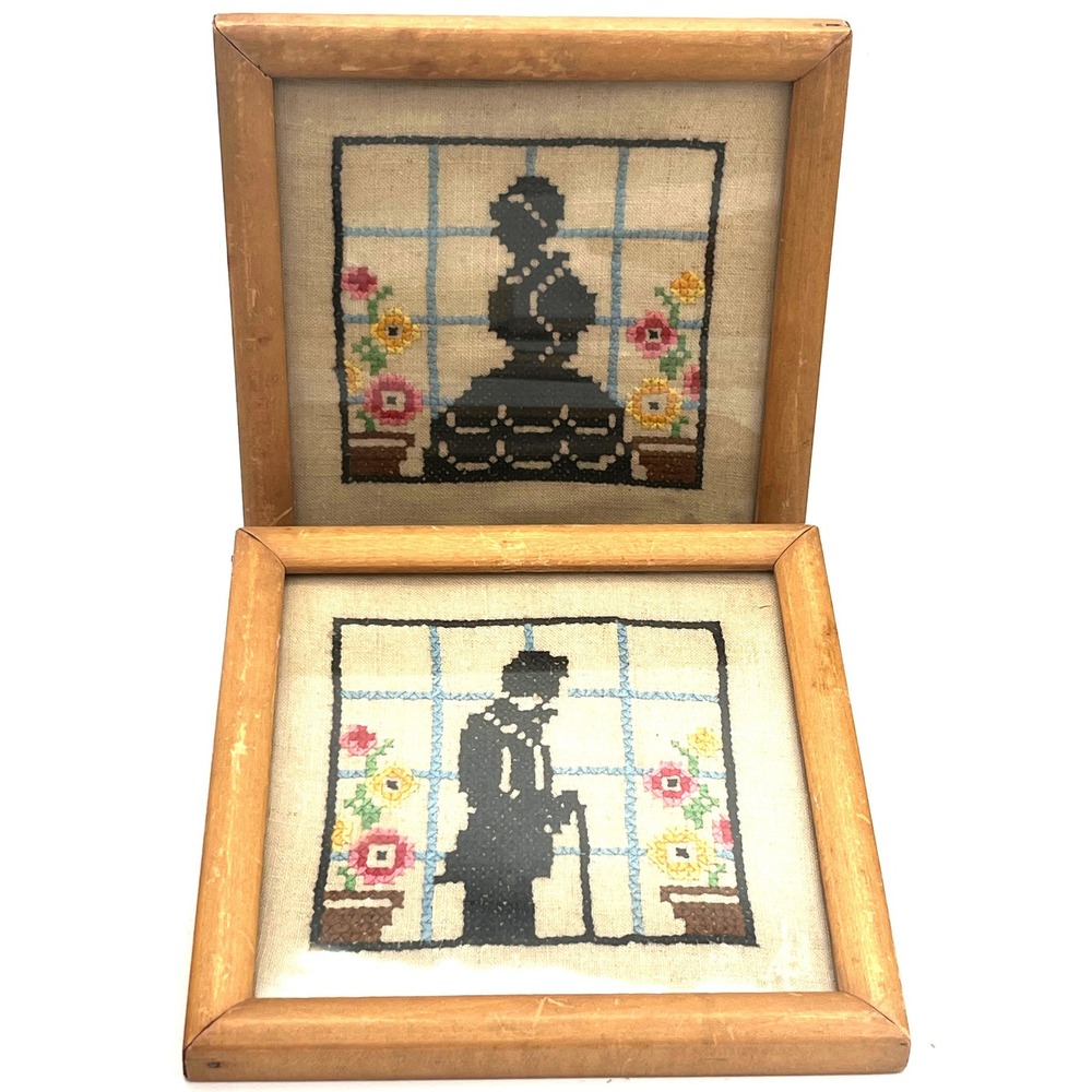 Vintage Pair Colonial Lady and Gentleman Framed Cross Stitch Embroidery Courting